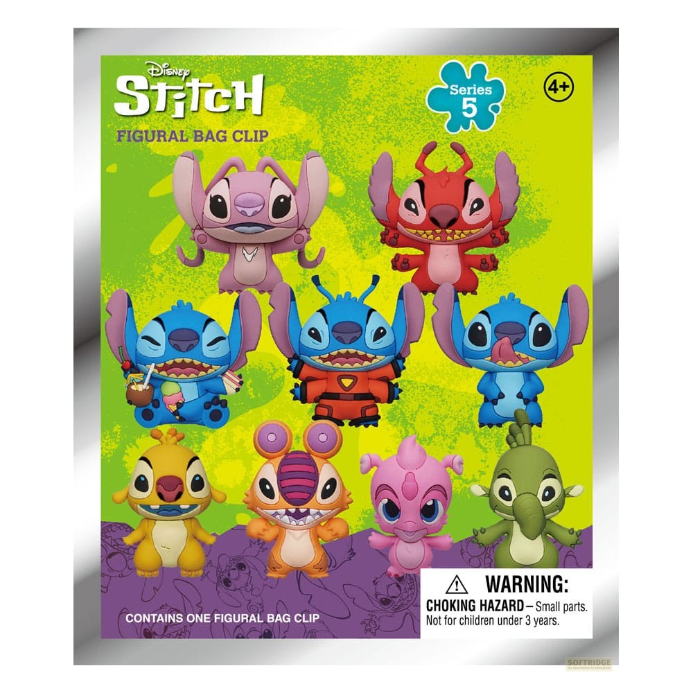 Eine Disney Stitch Figural Bag Clip Verpackung zeigt verschiedene bunte Stitch-Figuren in grün und lila.