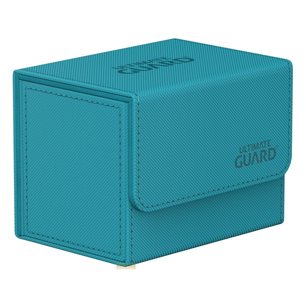 Boîte de deck Ultimate Guard turquoise texturée avec bords cousus et logo en relief sur fond blanc.