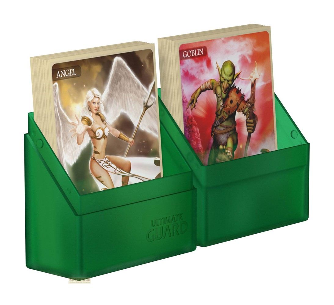Deux porte-cartes verts contenant des cartes à collectionner fantasy d'un ange et d'un gobelin.