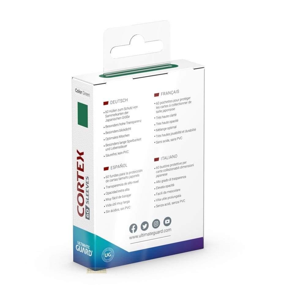 Boîte de produit blanche pour protège-cartes verts avec texte multilingue.
