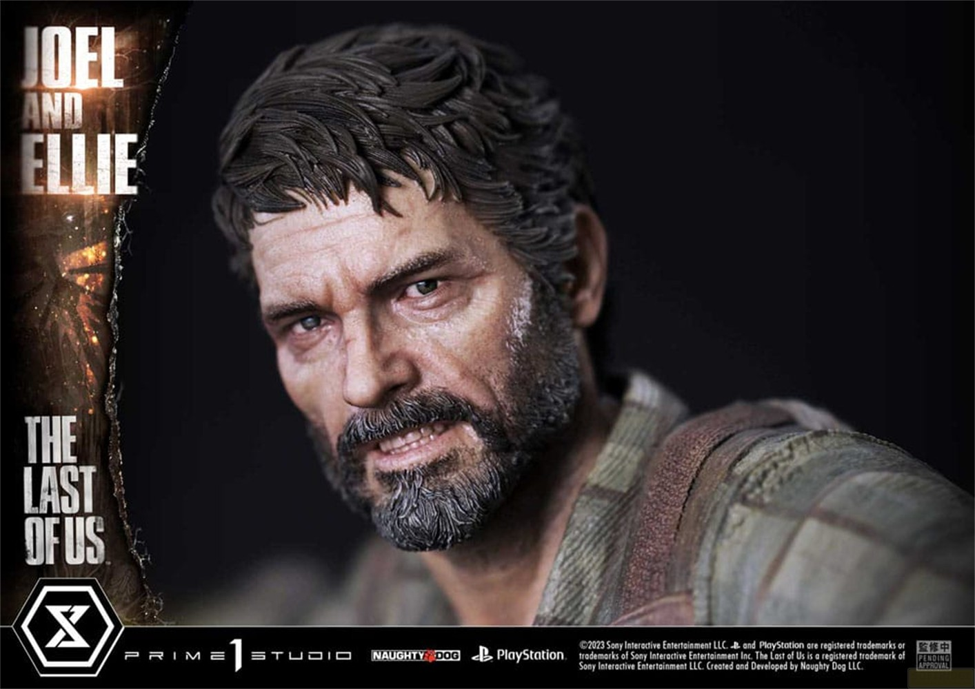 Nahaufnahme einer Joel-Figur aus The Last of Us mit detailliertem Gesicht und grauem Bart.
