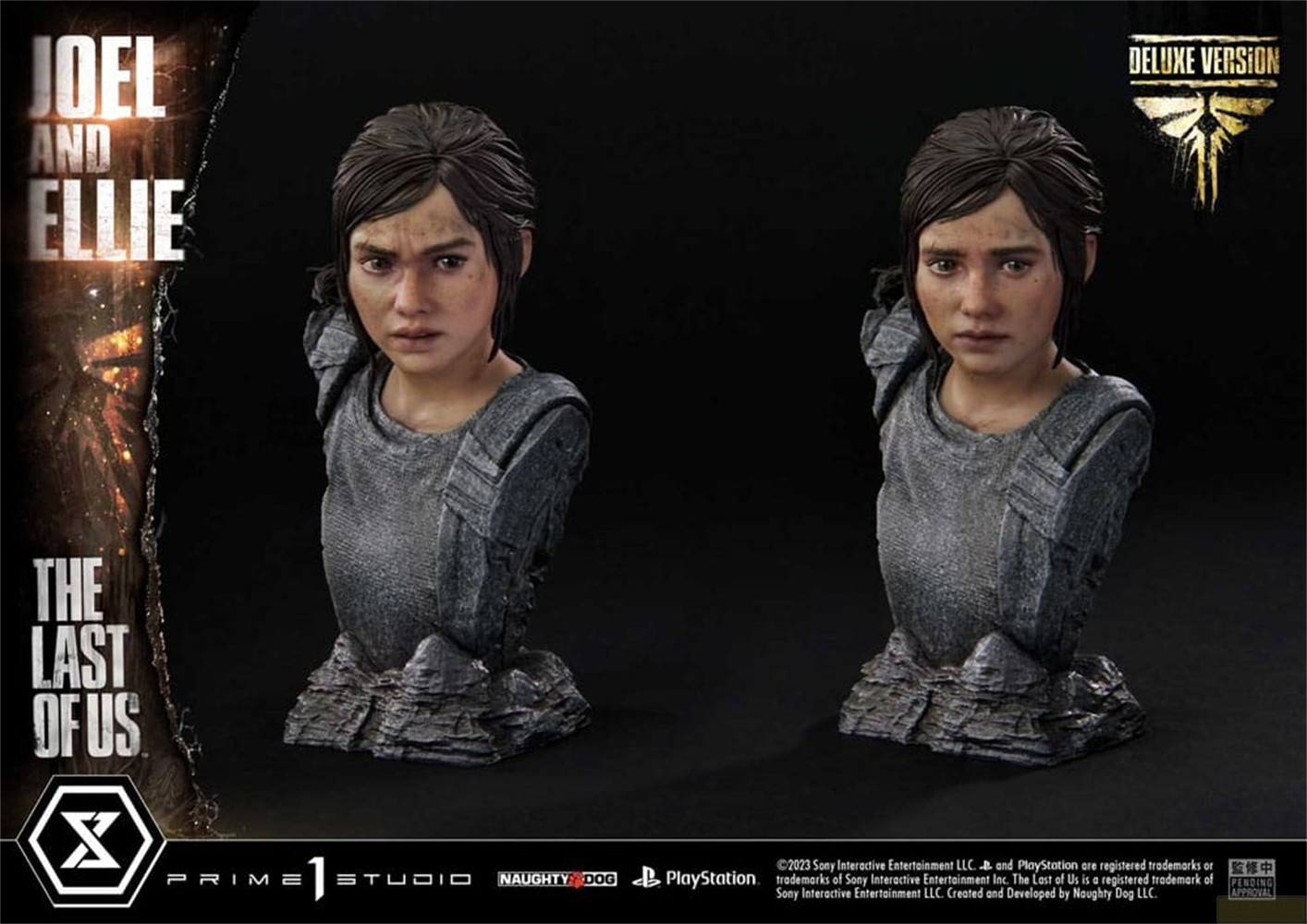 Zwei detaillierte Ellie Büsten aus The Last of Us vor schwarzem Hintergrund mit Text.