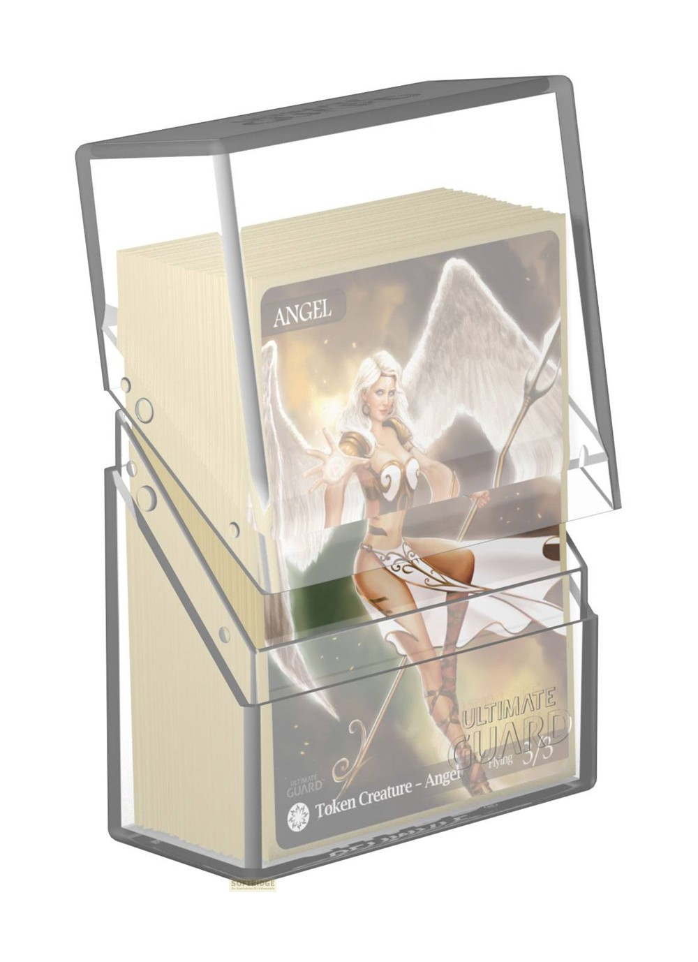 Transparente Plastik-Deckbox mit Karten, die ein Engels-Token zeigen.