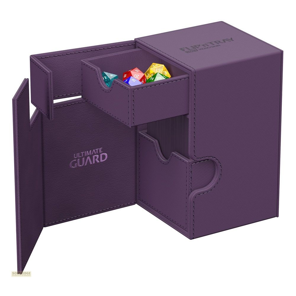 Une boîte de deck Ultimate Guard violette avec un tiroir ouvert et des dés colorés.