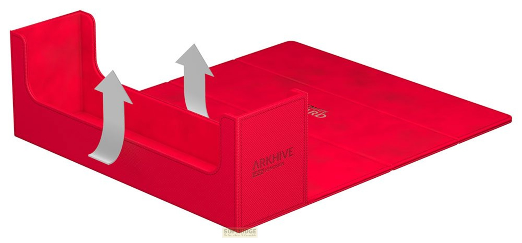 Boîte rouge avec des parois rabattables et des flèches pointant vers le haut.