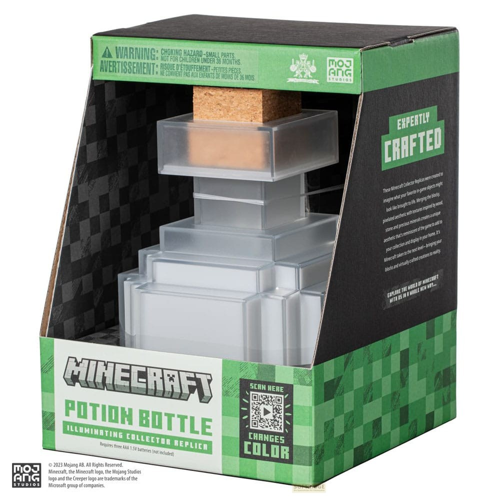 Réplica de coleccionista de botella de poción de Minecraft en su caja verde y negra.