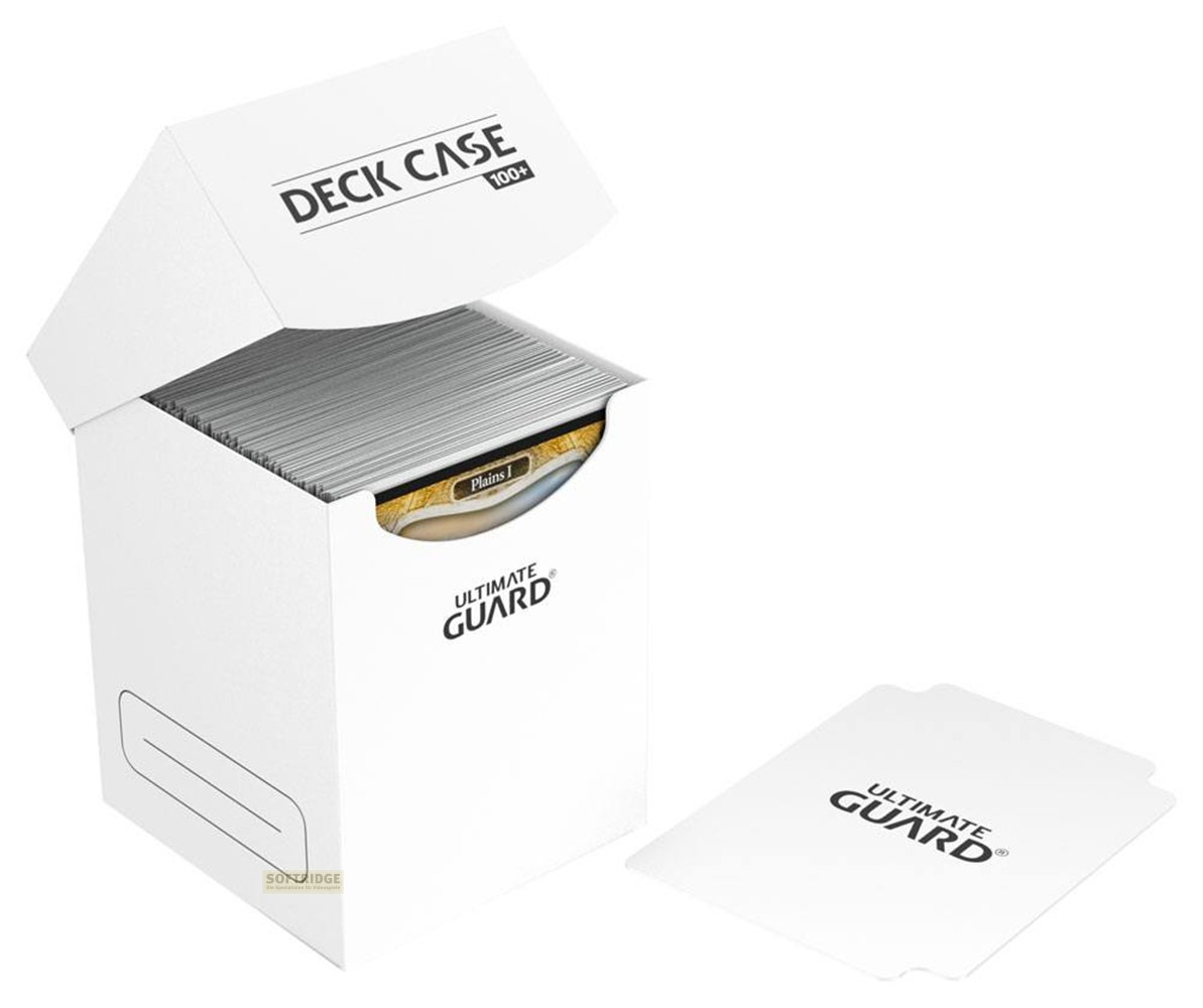 Un étui de cartes blanc ouvert rempli de cartes, un séparateur et le logo Ultimate Guard.
