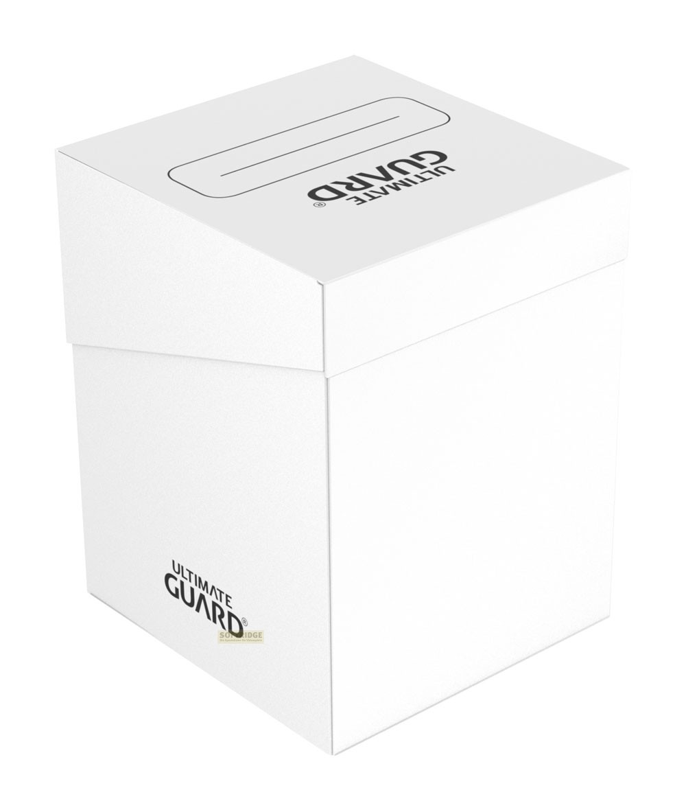 Une boîte blanche Ultimate Guard avec un logo noir sur le couvercle et l'avant sur fond blanc.