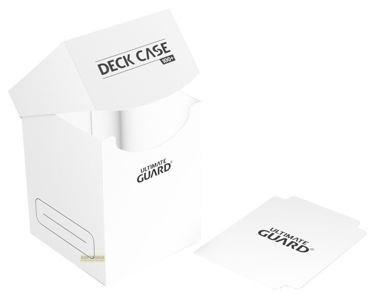 Boîte de deck Ultimate Guard 100+ blanche ouverte, avec séparateur sur fond blanc.