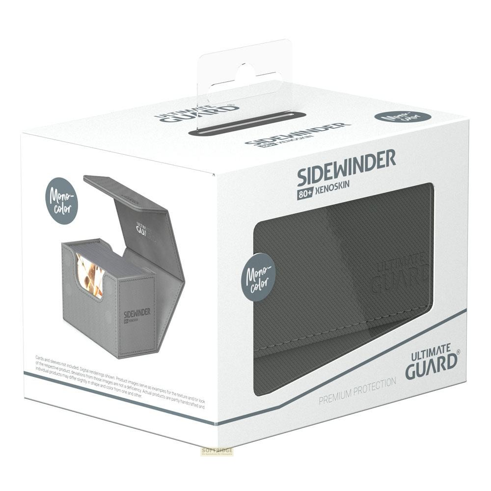 Une boîte de produit blanche montre une boîte de deck grise Ultimate Guard Sidewinder 80+ Xenoskin.