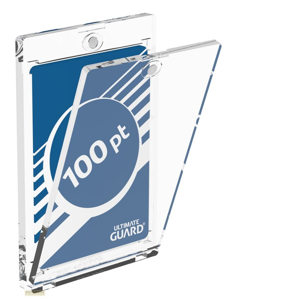 Un porte-carte magnétique en acrylique transparent ouvert à l'avant, affichant une carte bleue avec le texte 100 pt.