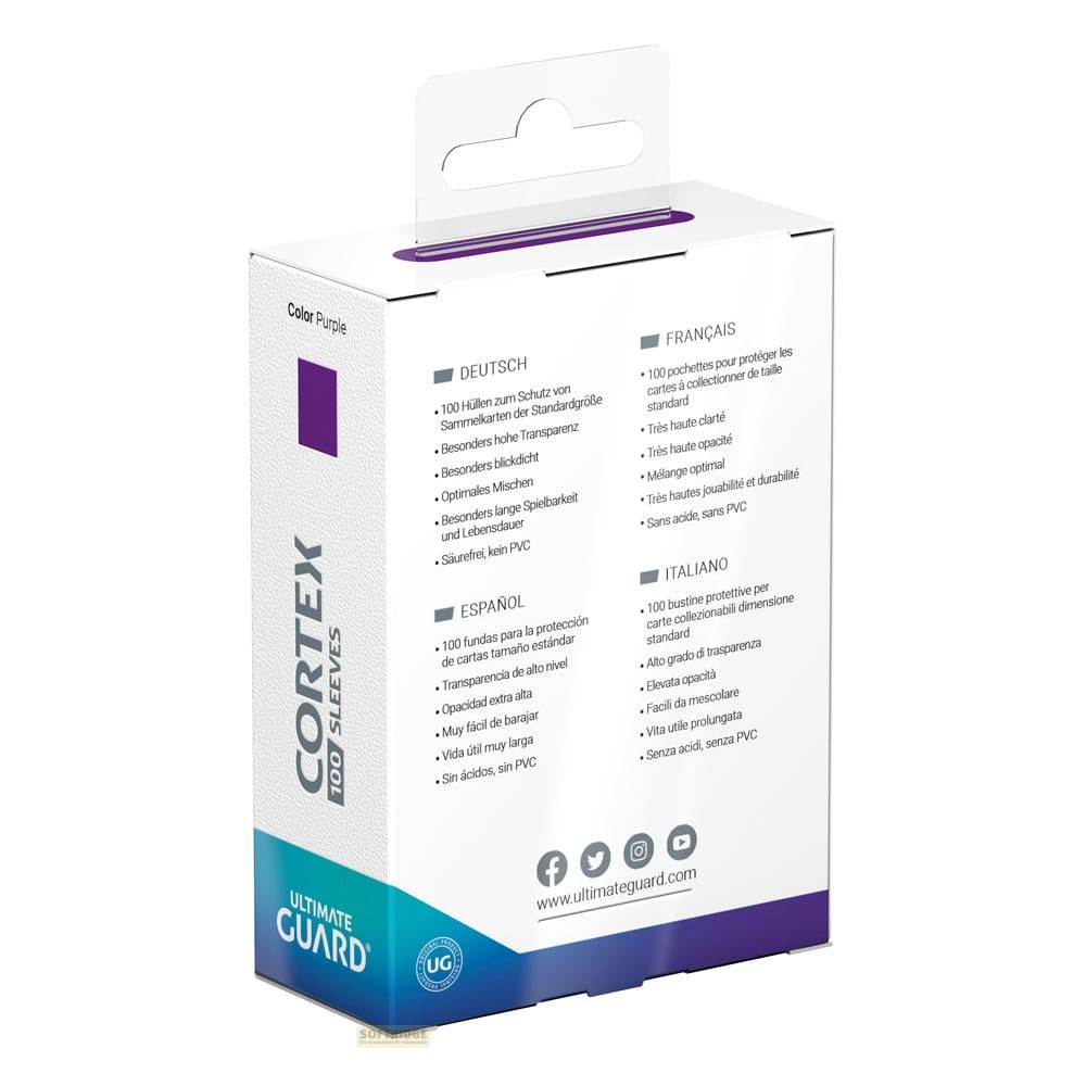 Dos d'une boîte de protège-cartes Ultimate Guard Cortex violette avec des détails du produit en plusieurs langues.