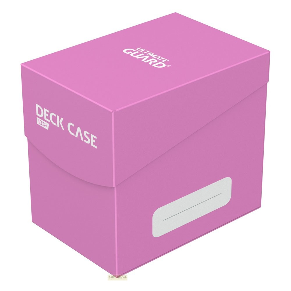 Une boîte de rangement rose Ultimate Guard Deck Case 133+ avec étiquette blanche sur fond blanc.