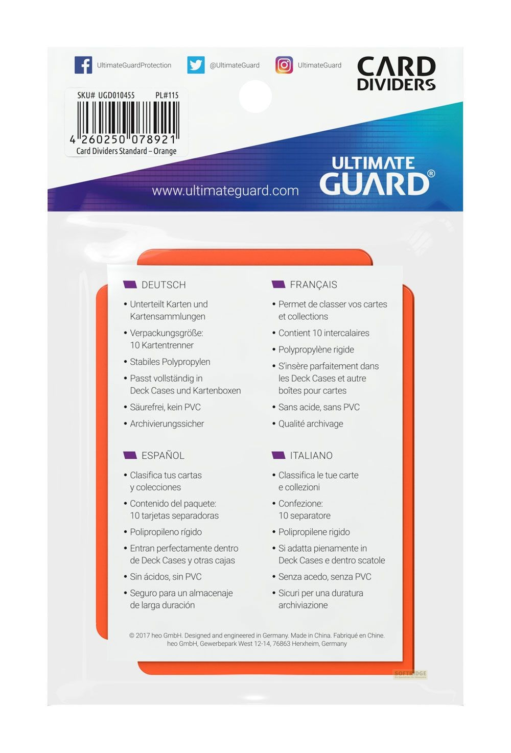 Dos d'un emballage de séparateurs de cartes Ultimate Guard avec des informations en quatre langues.