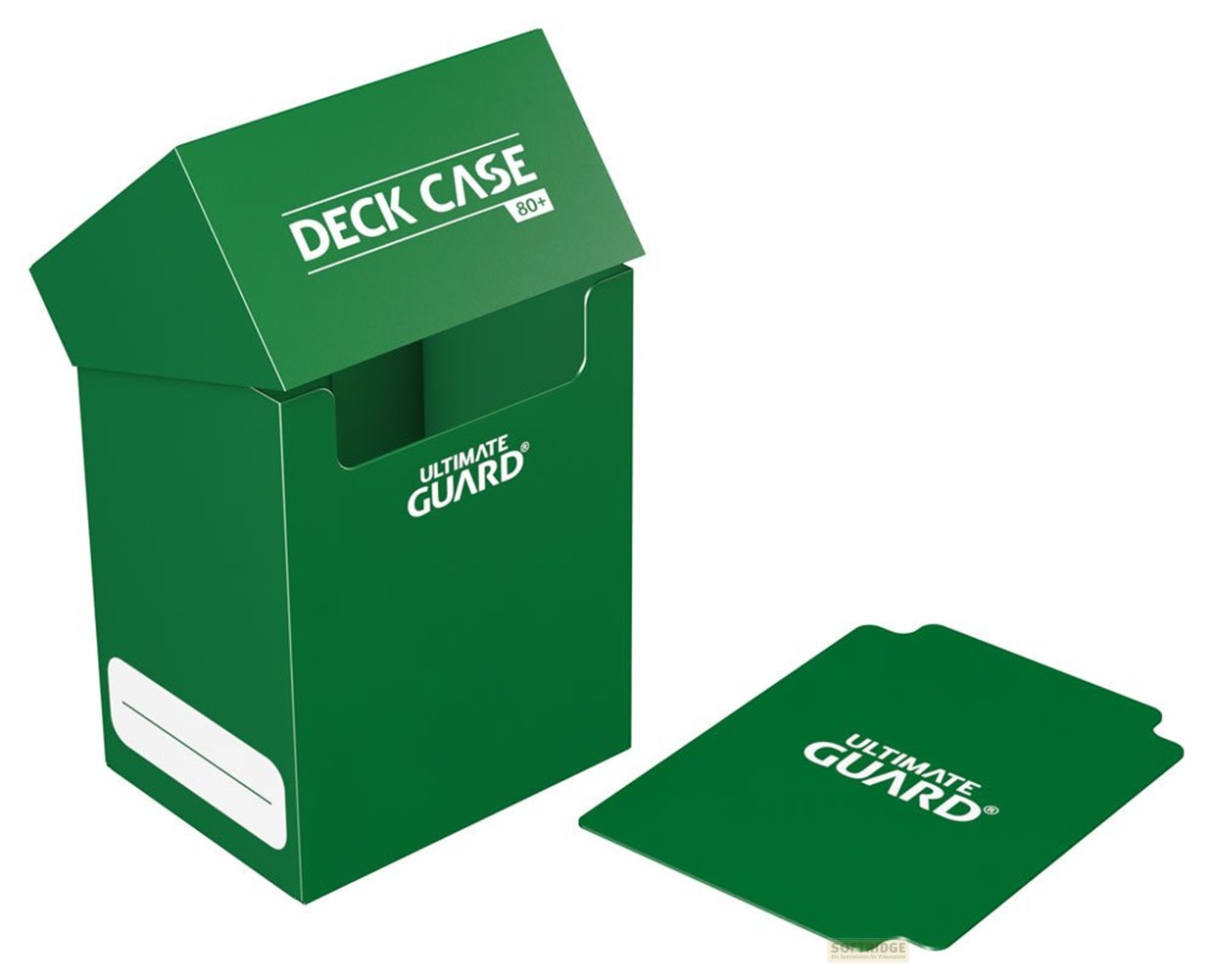 Une boîte de deck verte Ultimate Guard avec couvercle ouvert, texte blanc et séparateur.