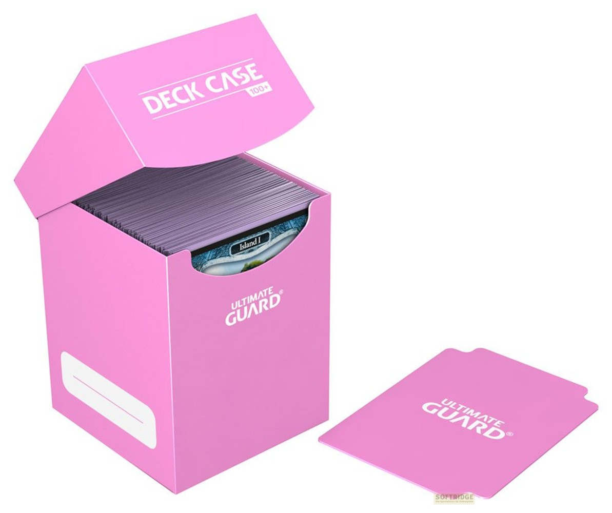 Boîte de deck rose Ultimate Guard ouverte, remplie de cartes, avec une carte de séparation rose à côté.