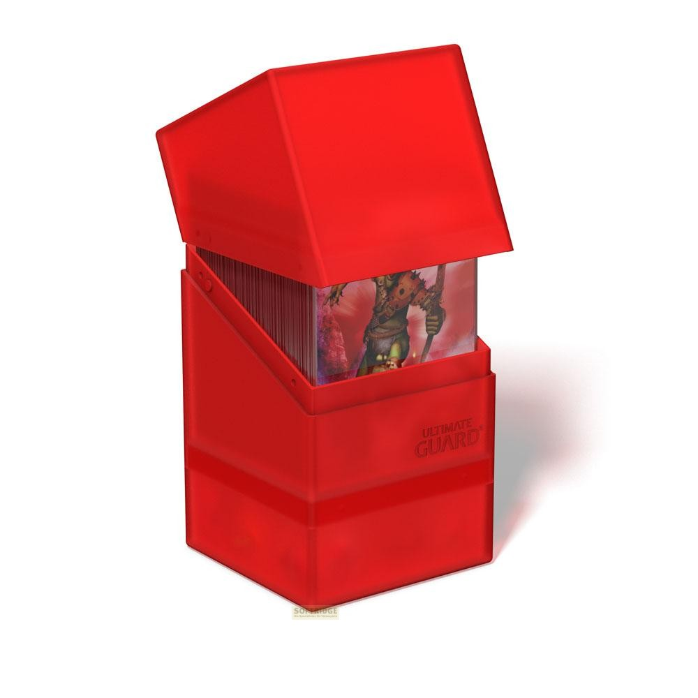 Boîte de deck Ultimate Guard rouge avec couvercle ouvert montrant des cartes.