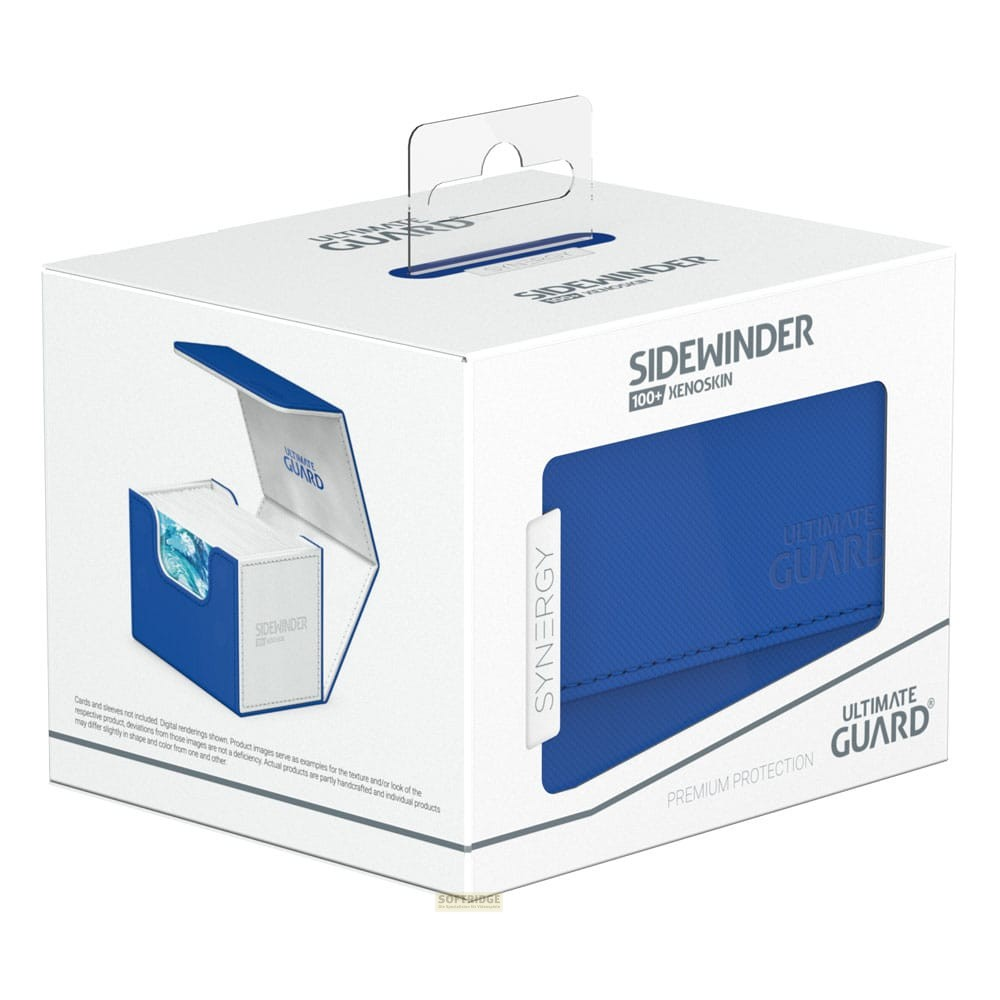 Boîte de cartes bleue Ultimate Guard Sidewinder dans un emballage blanc sur fond blanc.