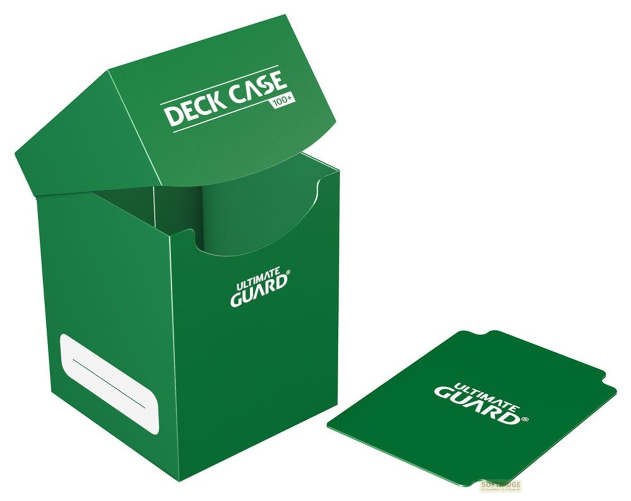 Boîte de deck verte Ultimate Guard Deck Case 100+ avec couvercle ouvert.
