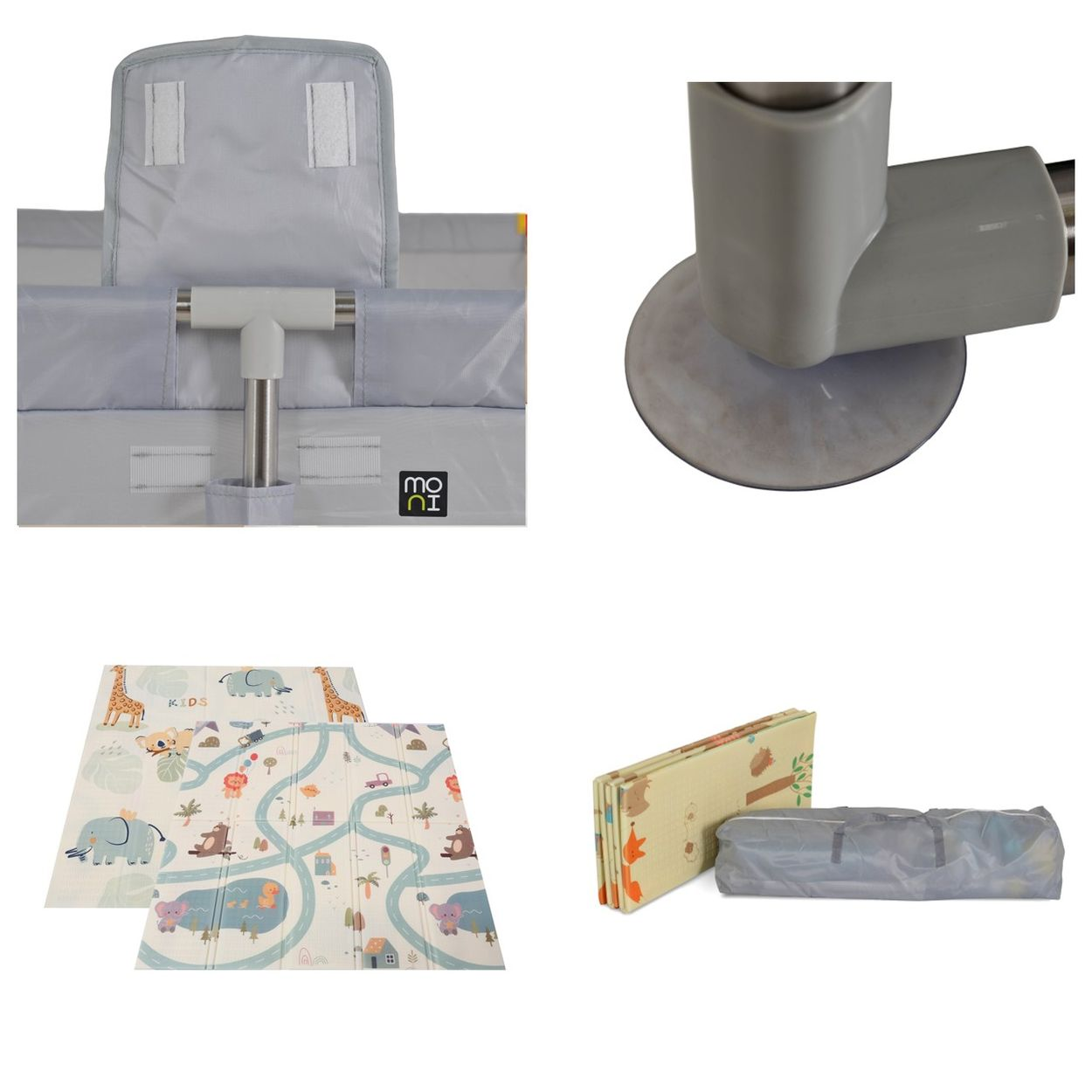 Set zeigt Babylaufstallteile, graue Saugfüße, bunte Spielmatte und Tasche.