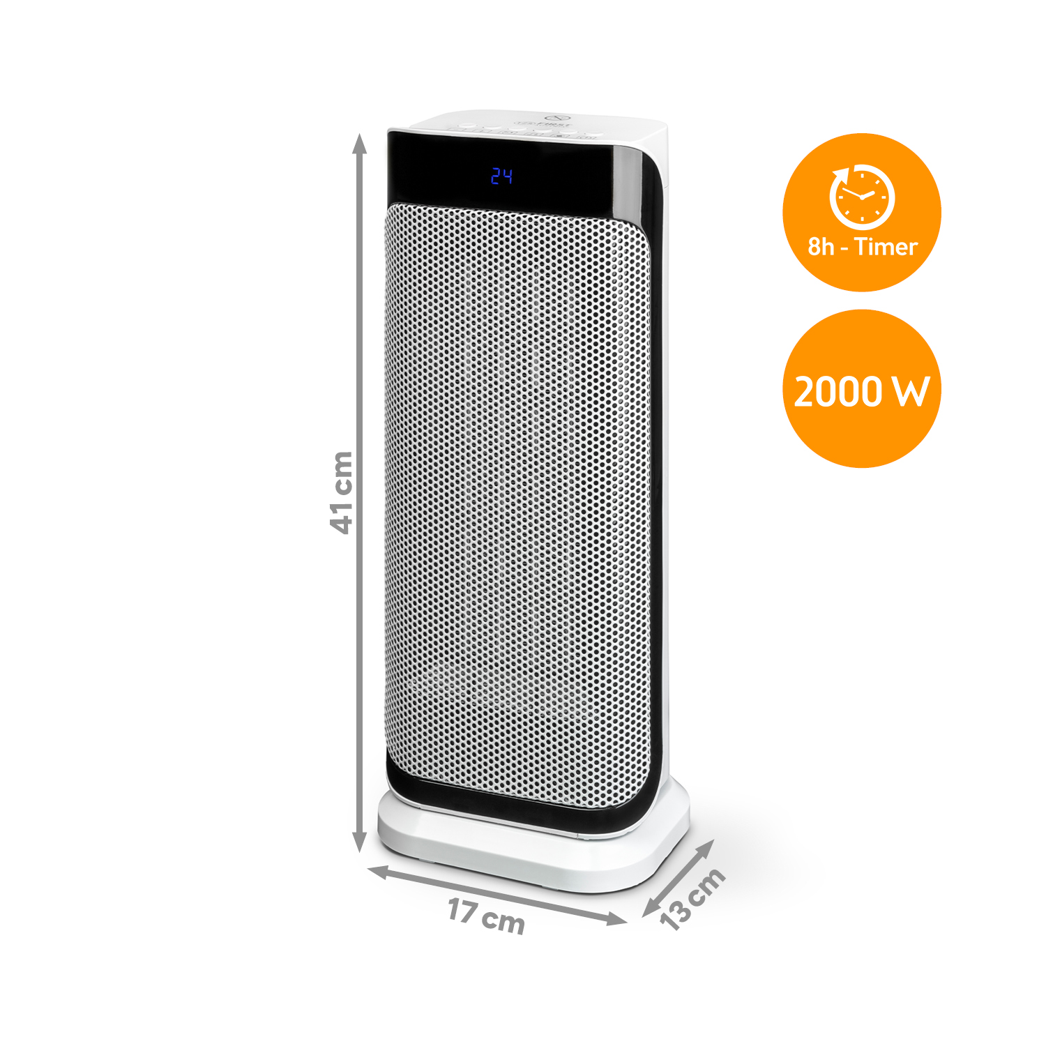 Termoventilatore a torre bianco con display digitale, 2000W, timer 8h e dimensioni su sfondo bianco.