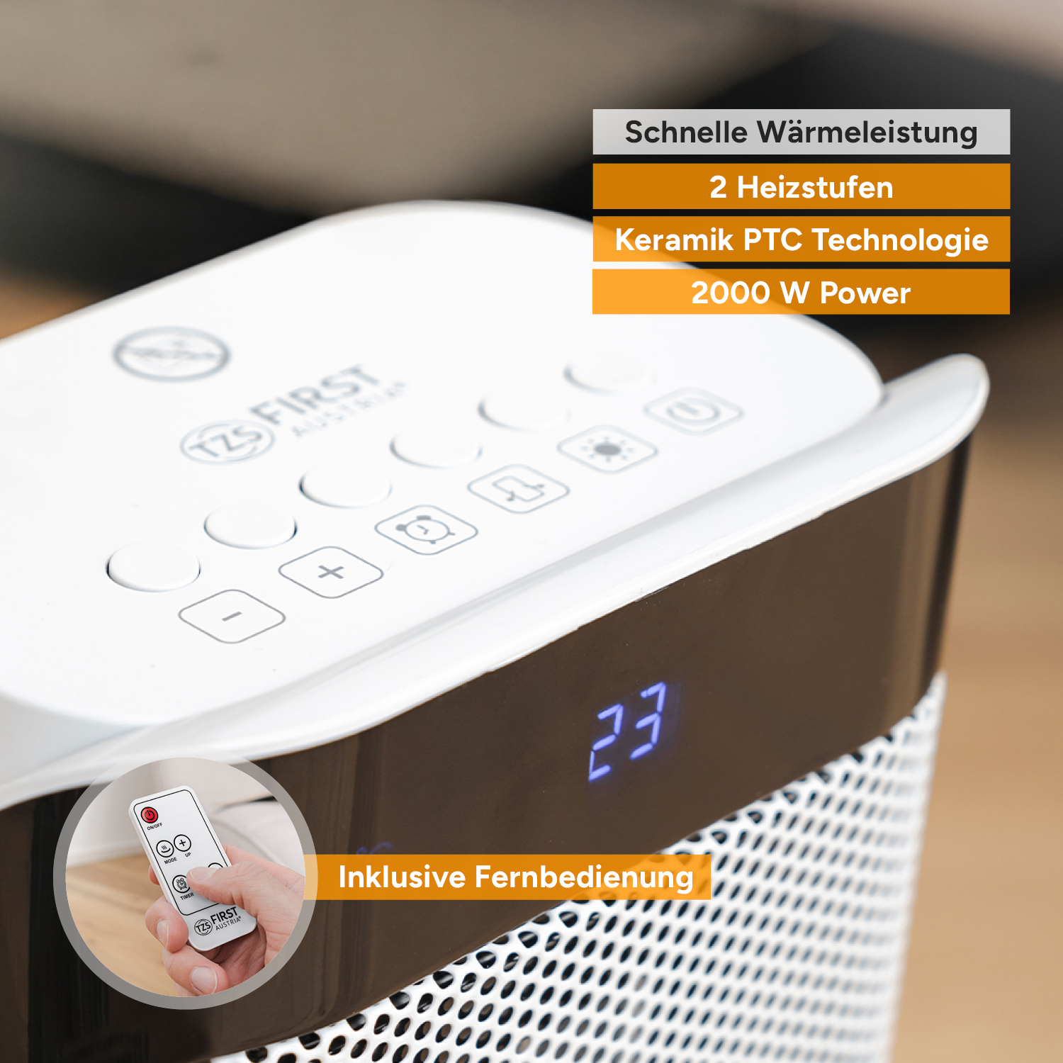 Termoventilatore PTC bianco First Austria con display digitale, tasti e telecomando.