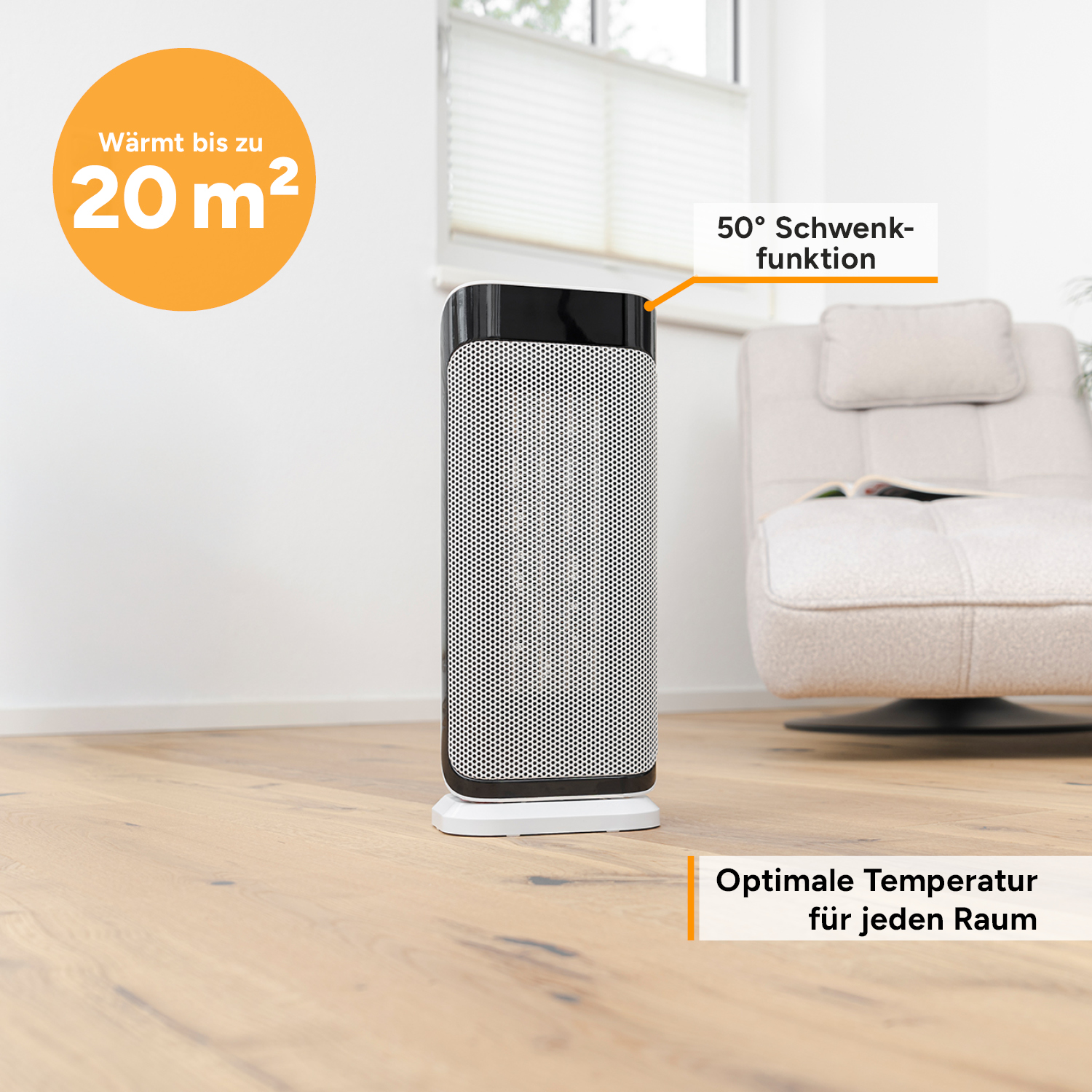 Un termoventilatore a torre bianco e nero su pavimento in legno in una stanza luminosa con testo sovrapposto.