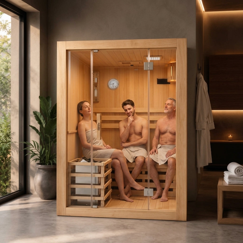 Tres personas se relajan dentro de una moderna sauna de madera.