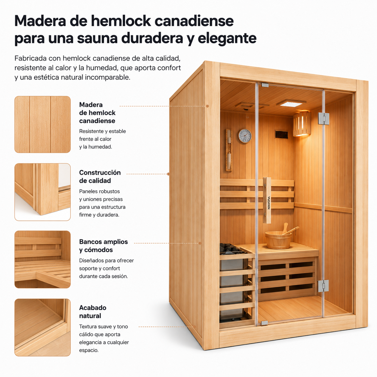 Sauna de madera para el hogar con puerta de cristal, bancos y estufa, destacando su construcción.