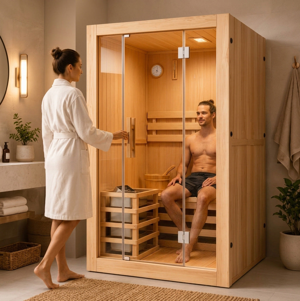 Una mujer en albornoz blanco abre una puerta de cristal a una sauna de madera donde un hombre está sentado.