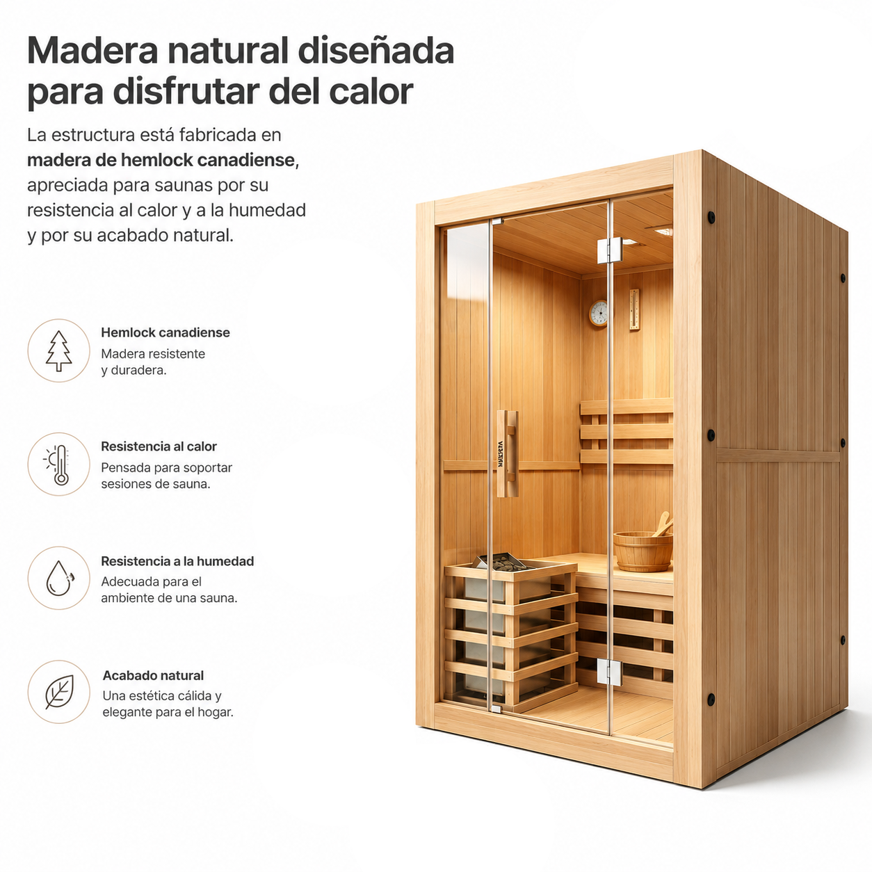 Una sauna de madera para el hogar con puerta de vidrio y texto informativo a la izquierda.