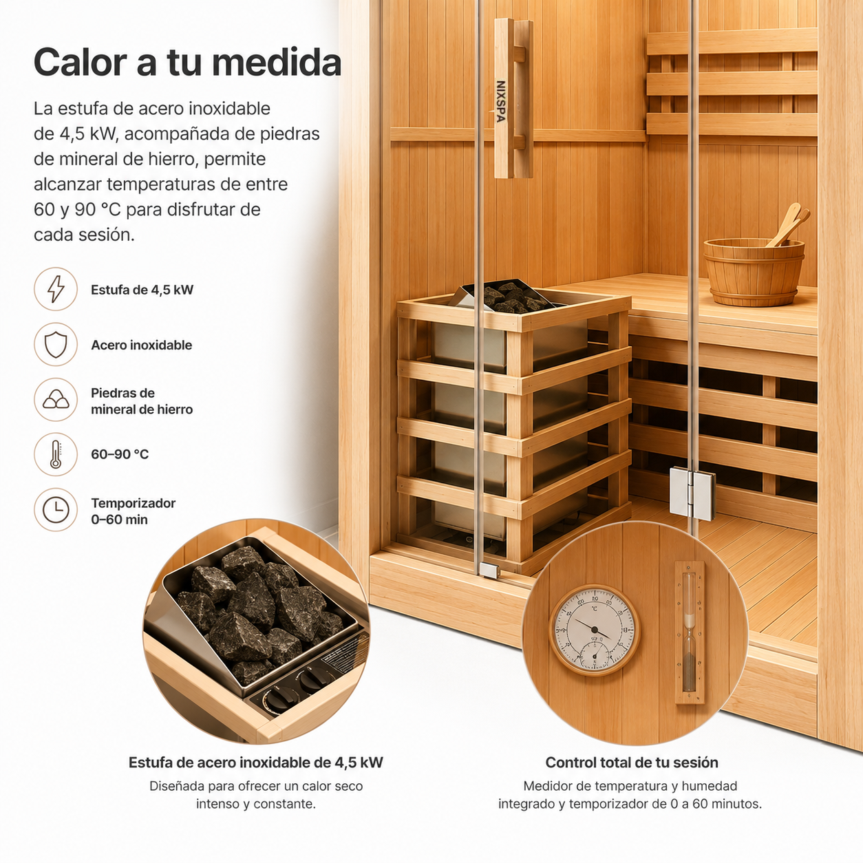 Interior de sauna de madera con estufa, piedras, cubo, termómetro y texto descriptivo en español en la imagen.
