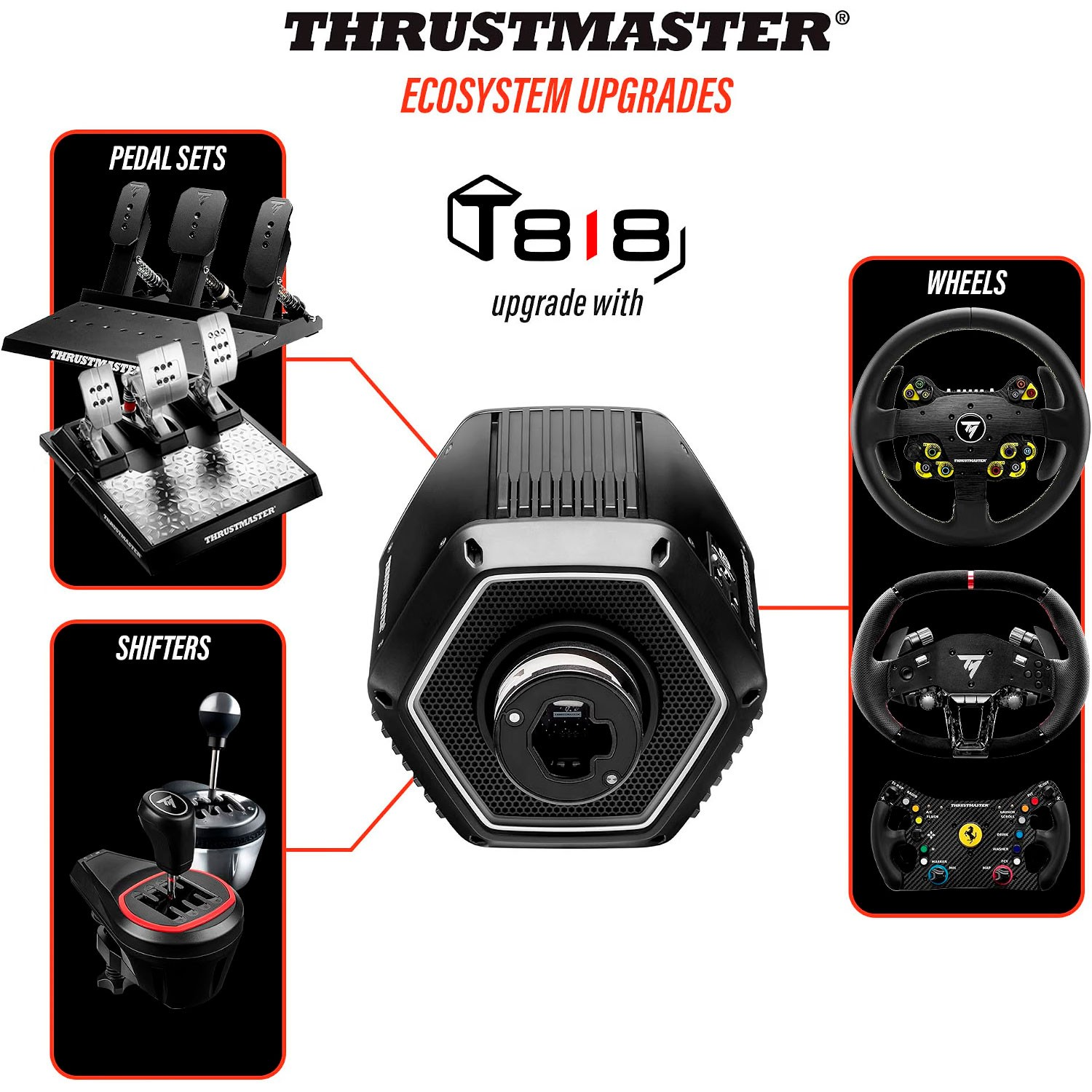 Base de volante Thrustmaster T818 mostrada con pedales, palancas y varios volantes compatibles.