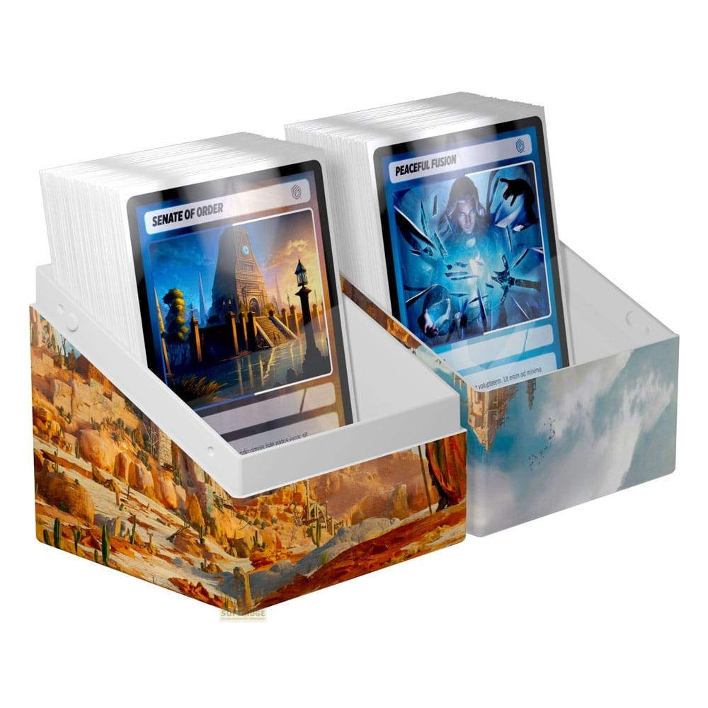 Deux boîtes de deck de cartes avec des illustrations fantastiques, contenant des decks intitulés Senate of Order et Peaceful Fusion.