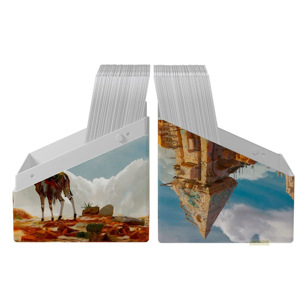 Deux porte-documents blancs avec du papier empilé et des paysages imprimés, l'un montre un désert, l'autre des bâtiments.