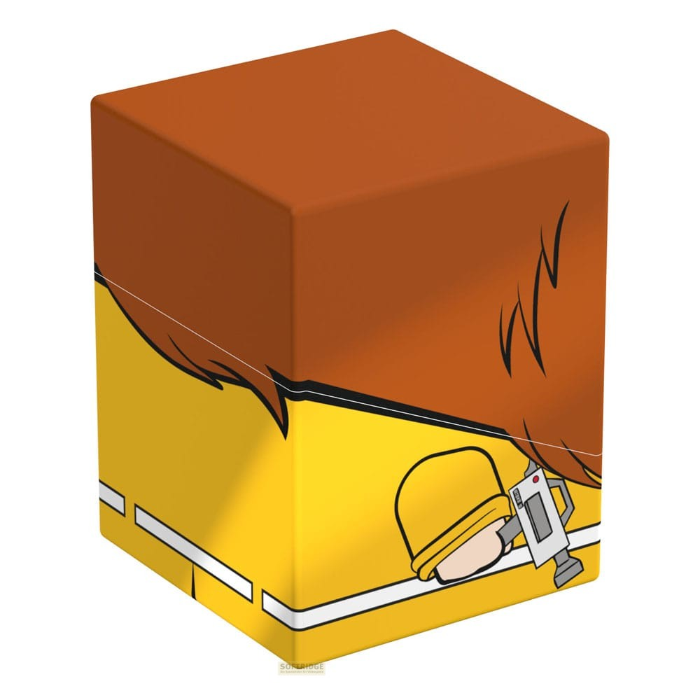 Une boîte de cartes orange et jaune avec l'illustration d'un personnage tenant une arme.