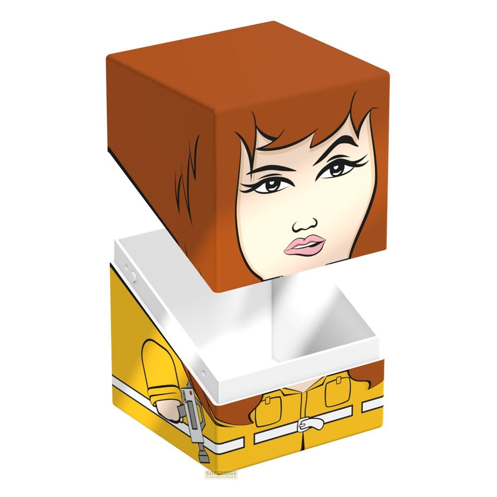 Une boîte de rangement de dessin animé montre un visage aux cheveux roux en haut et un corps jaune en bas.