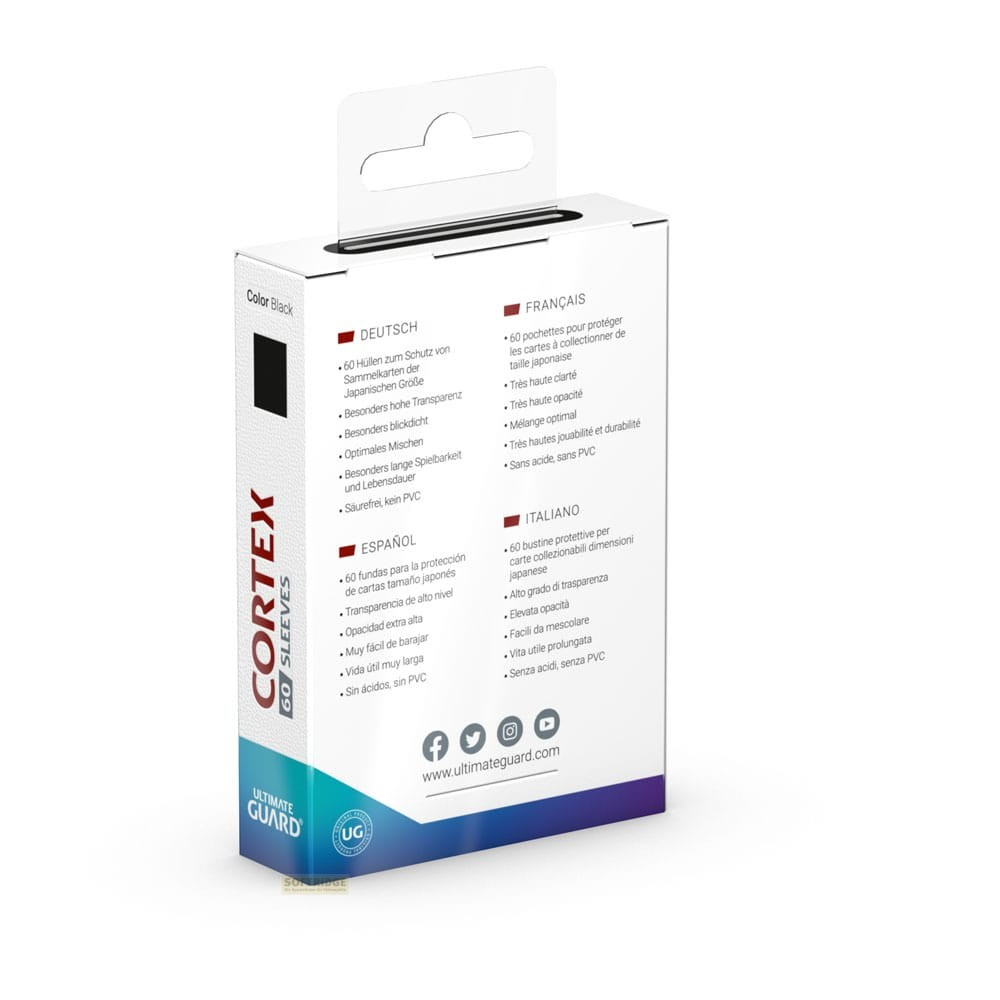 Dos d'une boîte de protège-cartes Ultimate Guard Cortex avec des informations multilingues.
