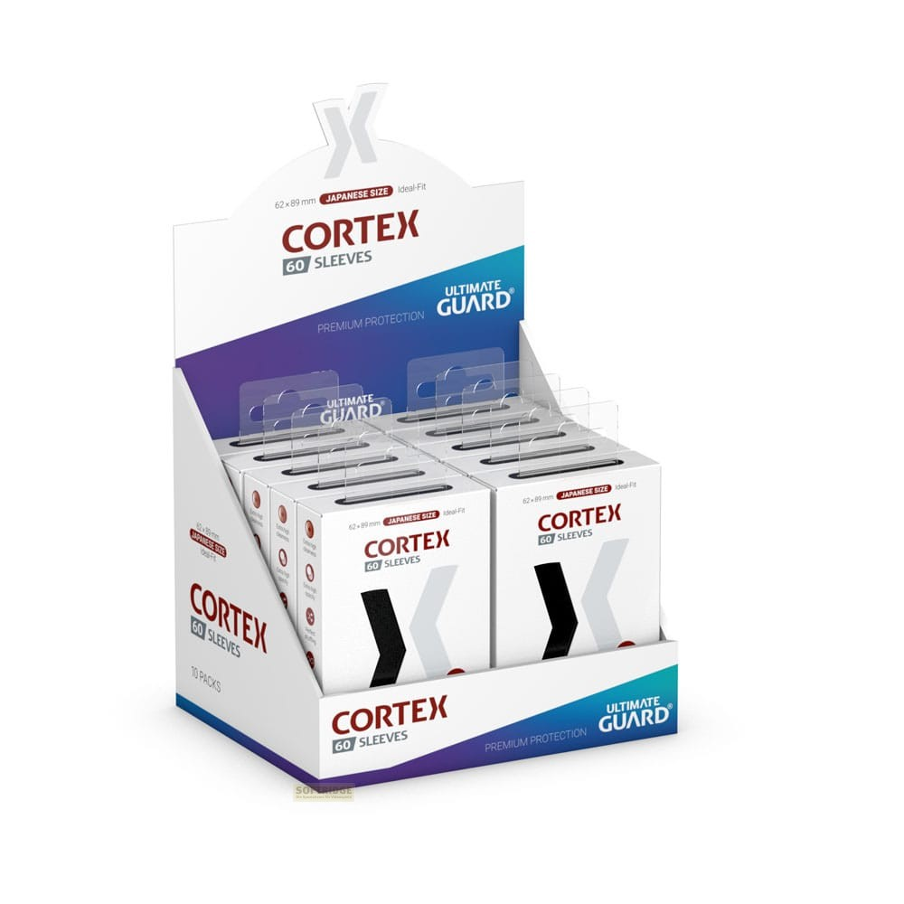 Boîte de présentation en carton remplie de protège-cartes Ultimate Guard Cortex format japonais.