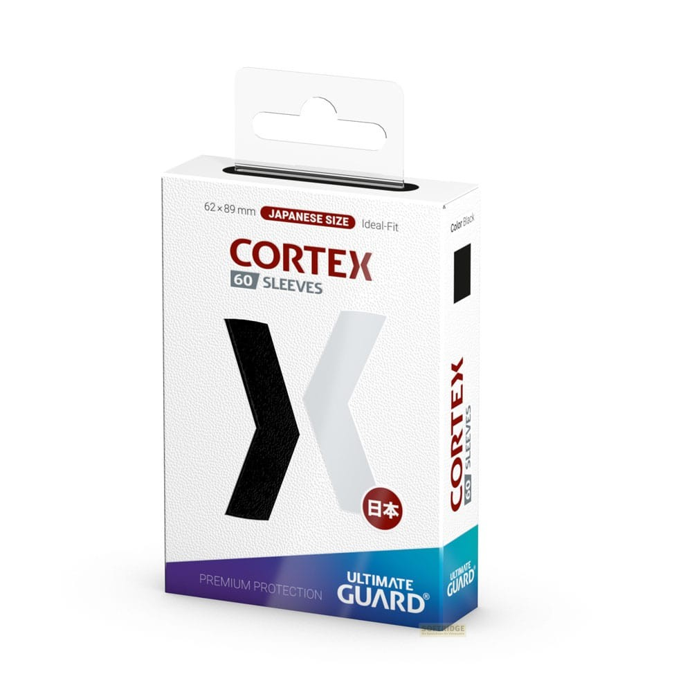 Une boîte blanche de protège-cartes Ultimate Guard Cortex 60 taille japonaise en noir.