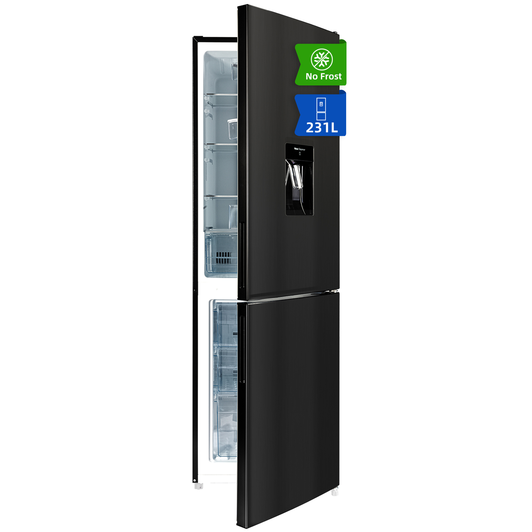 Een zwarte koelkast met open deur, een waterdispenser en een No Frost-label.