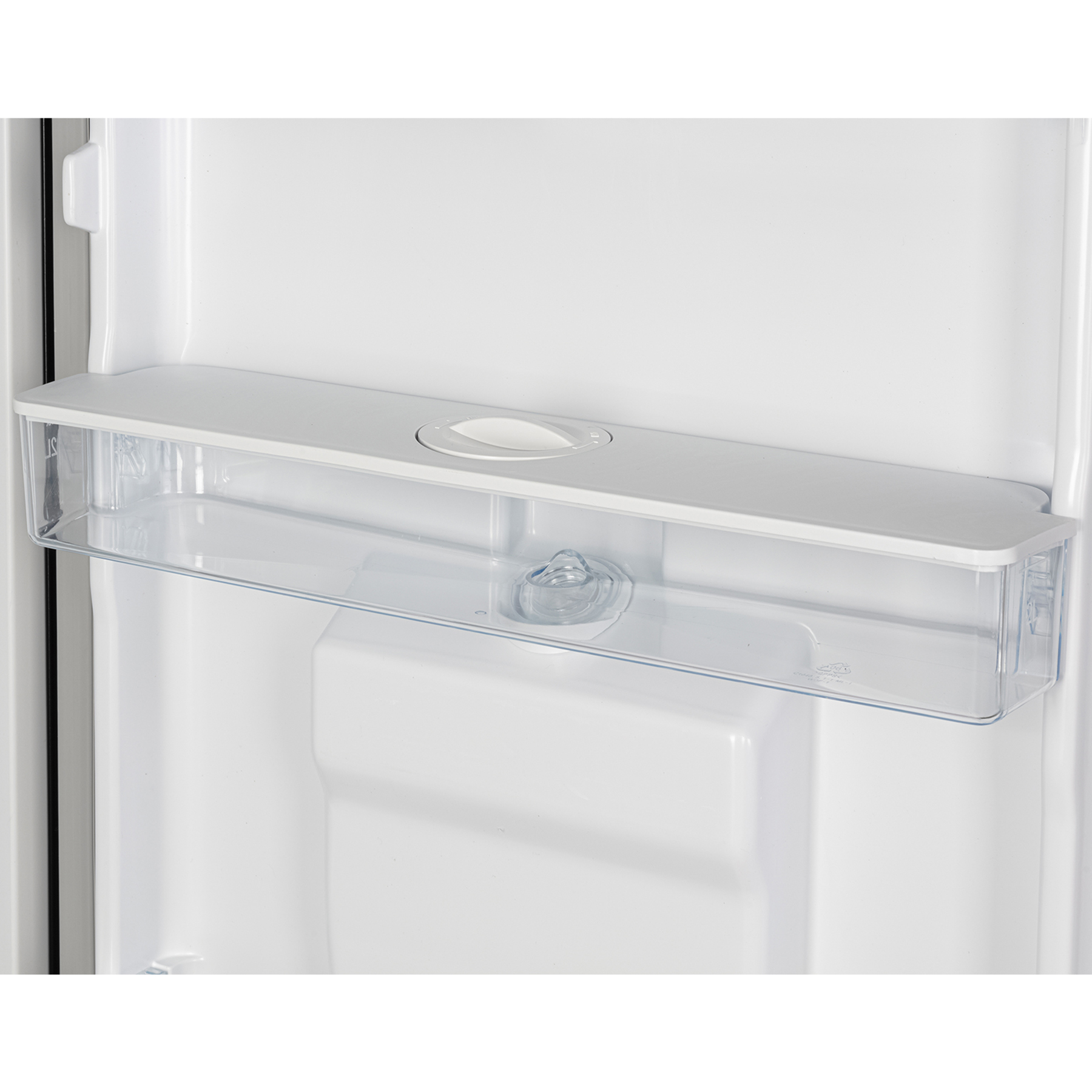Un compartiment de porte de réfrigérateur blanc avec bac transparent et couvercle blanc.