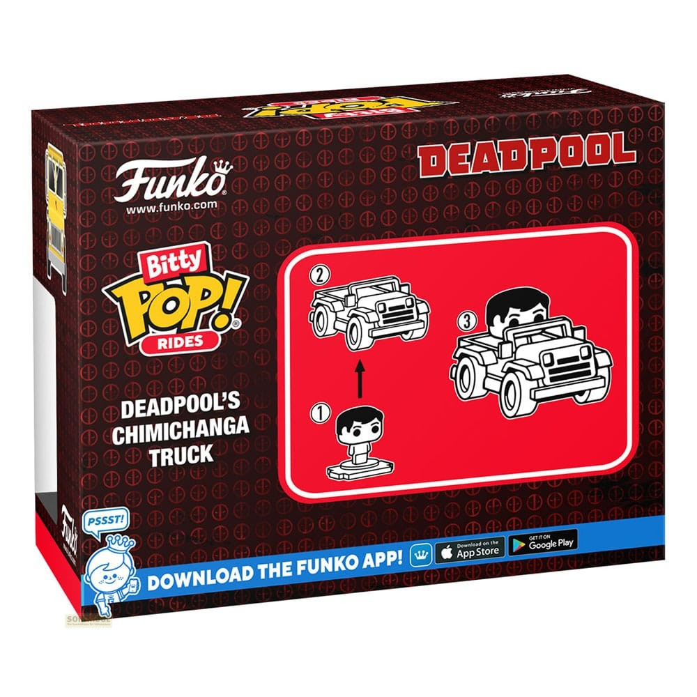 Embalaje del coleccionable Deadpool Bitty Pop! Rides Chimichanga Truck con instrucciones.