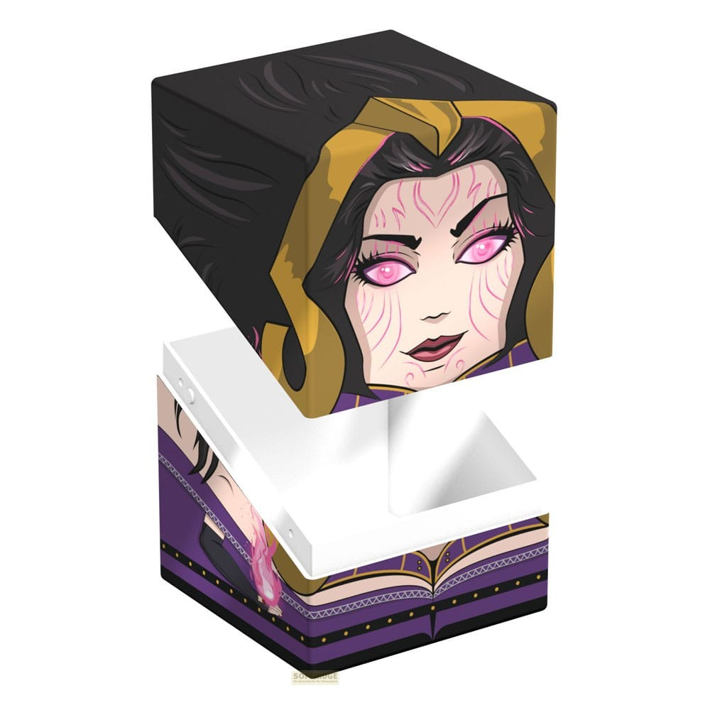 Un ensemble de cubes en bois avec des graphismes de personnages aux yeux roses et vêtements violet-noir.