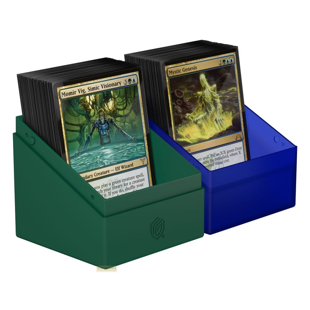 Deux boîtes de cartes, une verte et une bleue, contenant chacune un jeu de cartes avec des illustrations visibles.
