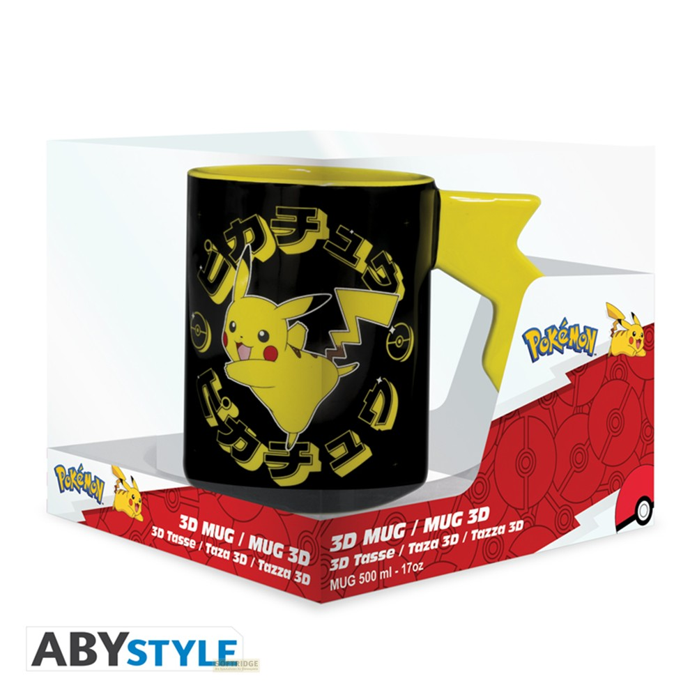 Taza 3D de Pokémon con Pikachu dentro de una caja de regalo negra y amarilla.