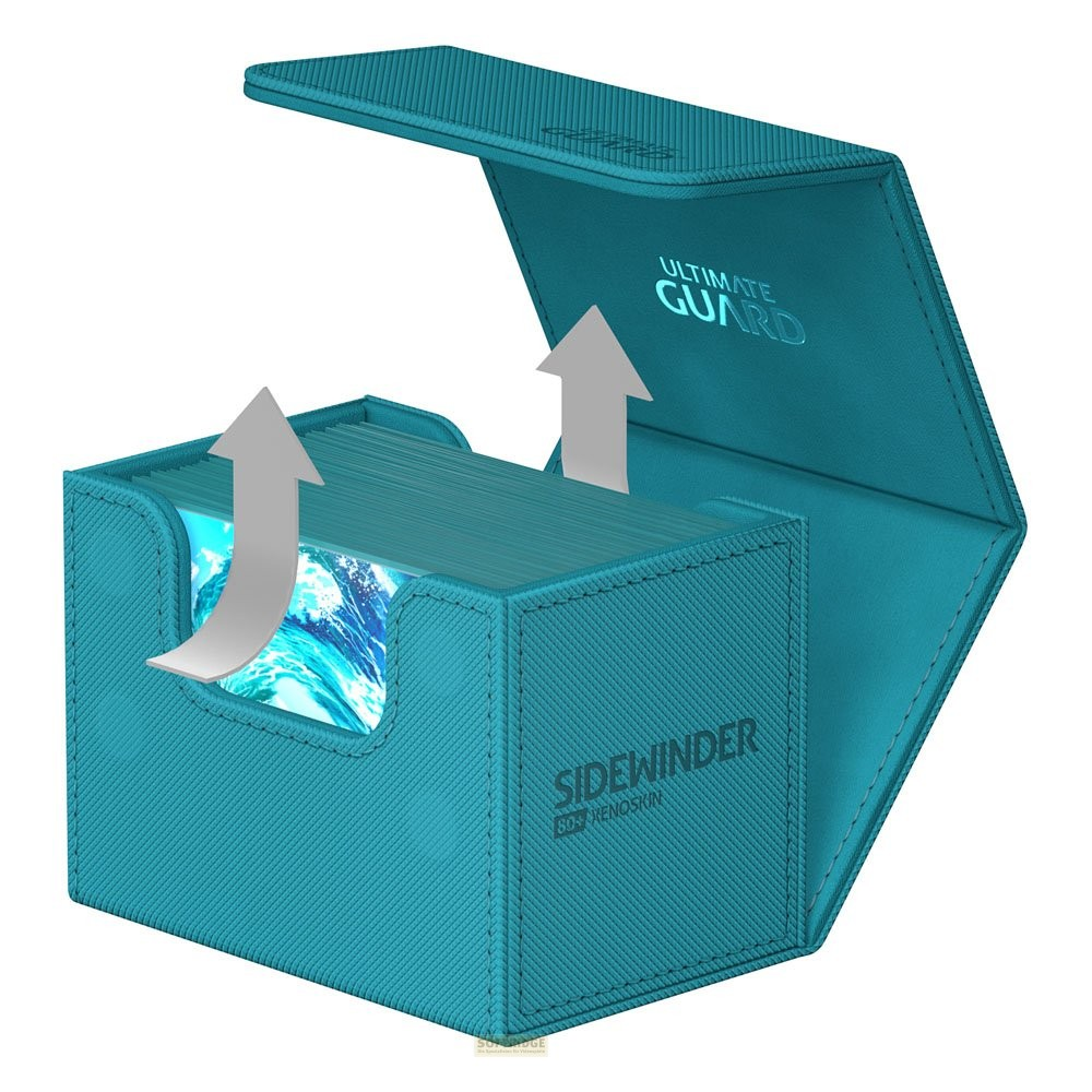 Une boîte de deck turquoise Ultimate Guard Sidewinder ouverte, remplie de cartes, avec des flèches vers le haut.