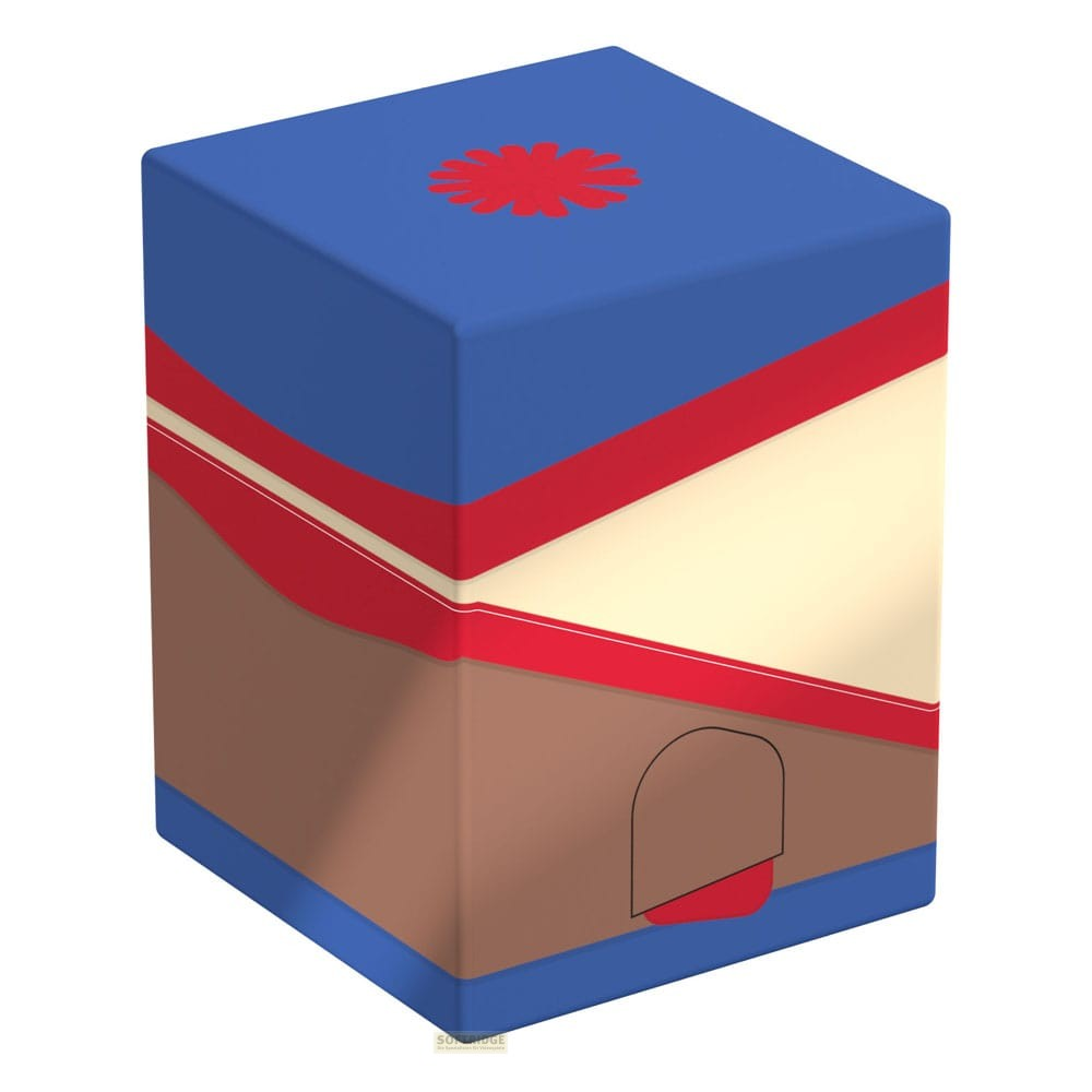 Un bloc de jeu souple et coloré avec un dessus bleu, une fleur rouge, un milieu crème et un fond marron.