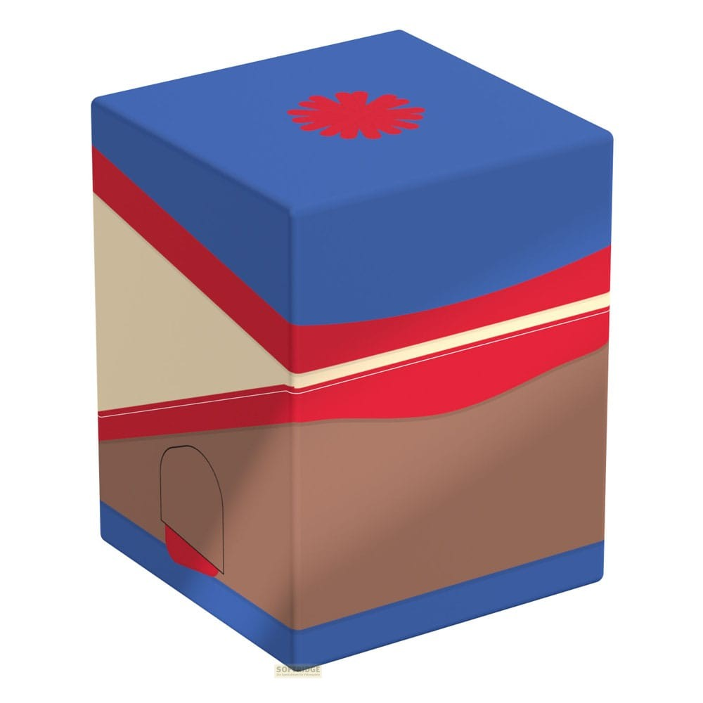 Un cube souple coloré avec un dessus bleu, un motif de fleur rouge et diverses bandes colorées sur les côtés.