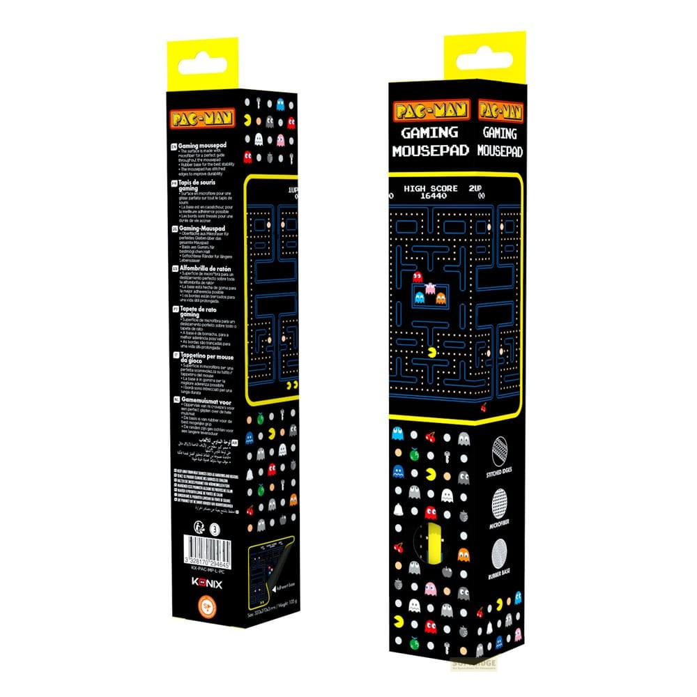 Opakowanie podkładki pod mysz Pac-Man z czarnym pudełkiem, labiryntem i kolorowymi ikonami duchów na białym tle.